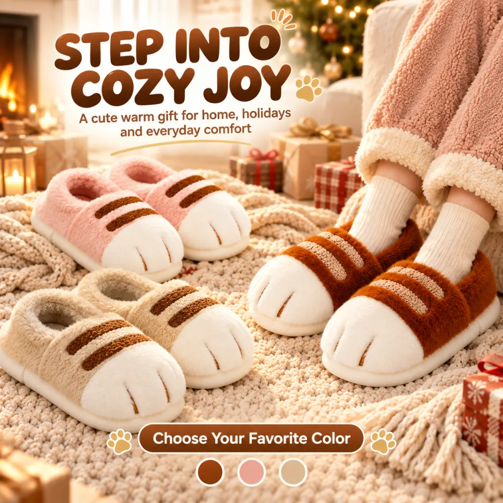 Cat Paw Plush Slippers Fleece-Lined Thick Warm