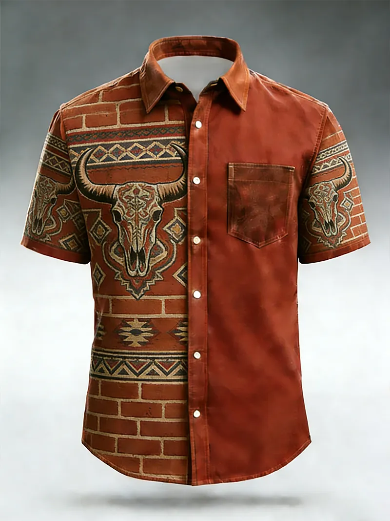 Men's Brick Wall & Bull Skull Print Short Sleeve Shirt