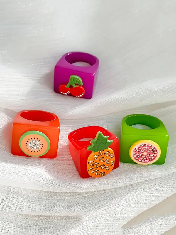 Geometric Fruit Motif Rhinestone Ring