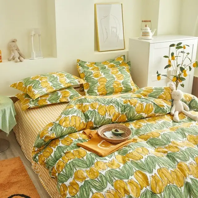 (Store Closing Sale) Flower Duvet Cover Bedding Set Peach Daisy Pastoral style Flat Bed Sheet