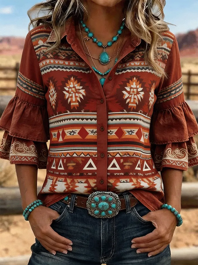 Women's Aztec Geometric Print Double Ruffle Sleeve Western Button-Down Shirt