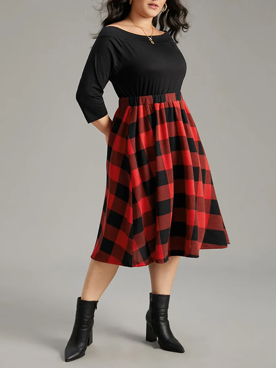 Elegant premium waist slimming plaid dress with pockets