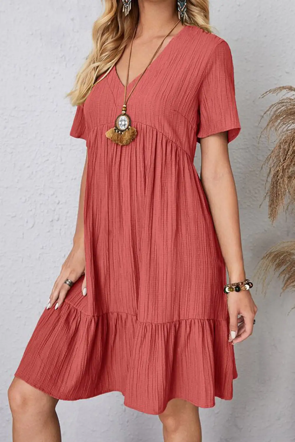 Boho Chic  Plus Size Ruched V-Neck Short Sleeve Dress