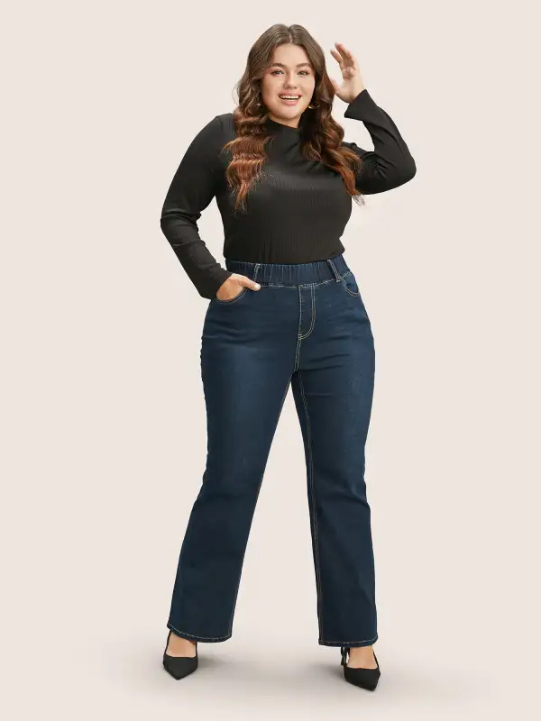 Solid Elastic Waist Pocket Full Length Jeans