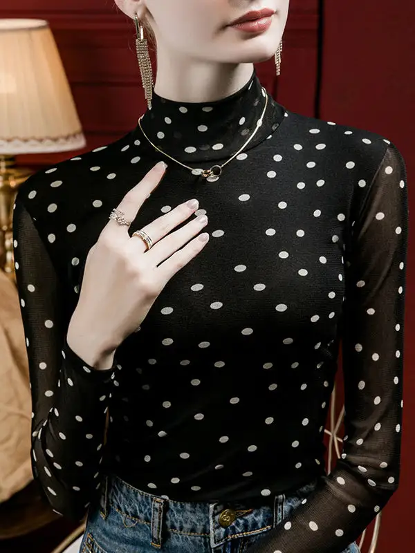 Long Sleeve Curve Fit Polka Dot Mock Neck T-Shirt
