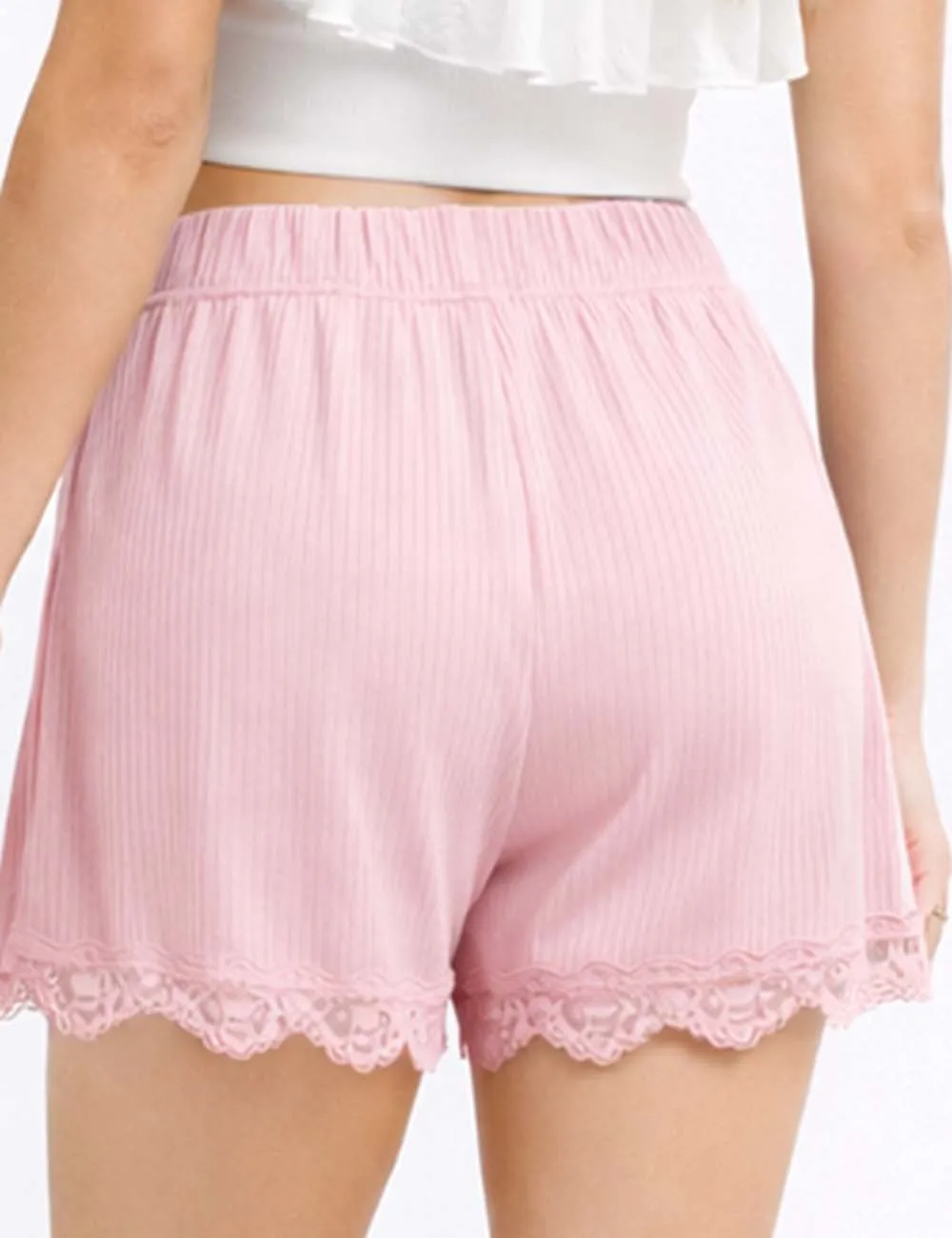 Ribbed Knit Elastic Waist Lace Trim Wide Leg Shorts