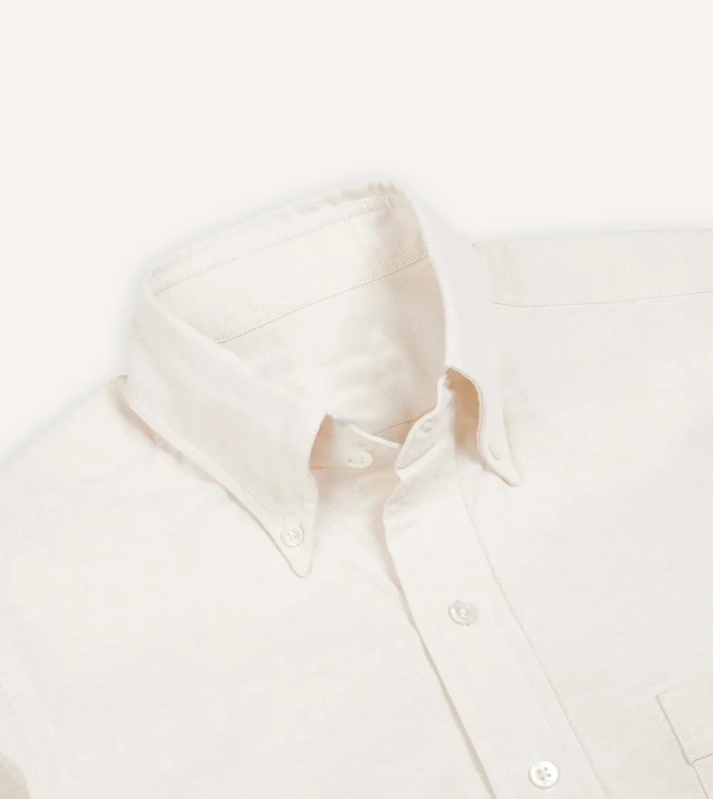 Cream Cotton Oxford Cloth Button-Down Shirt Lapel Plain