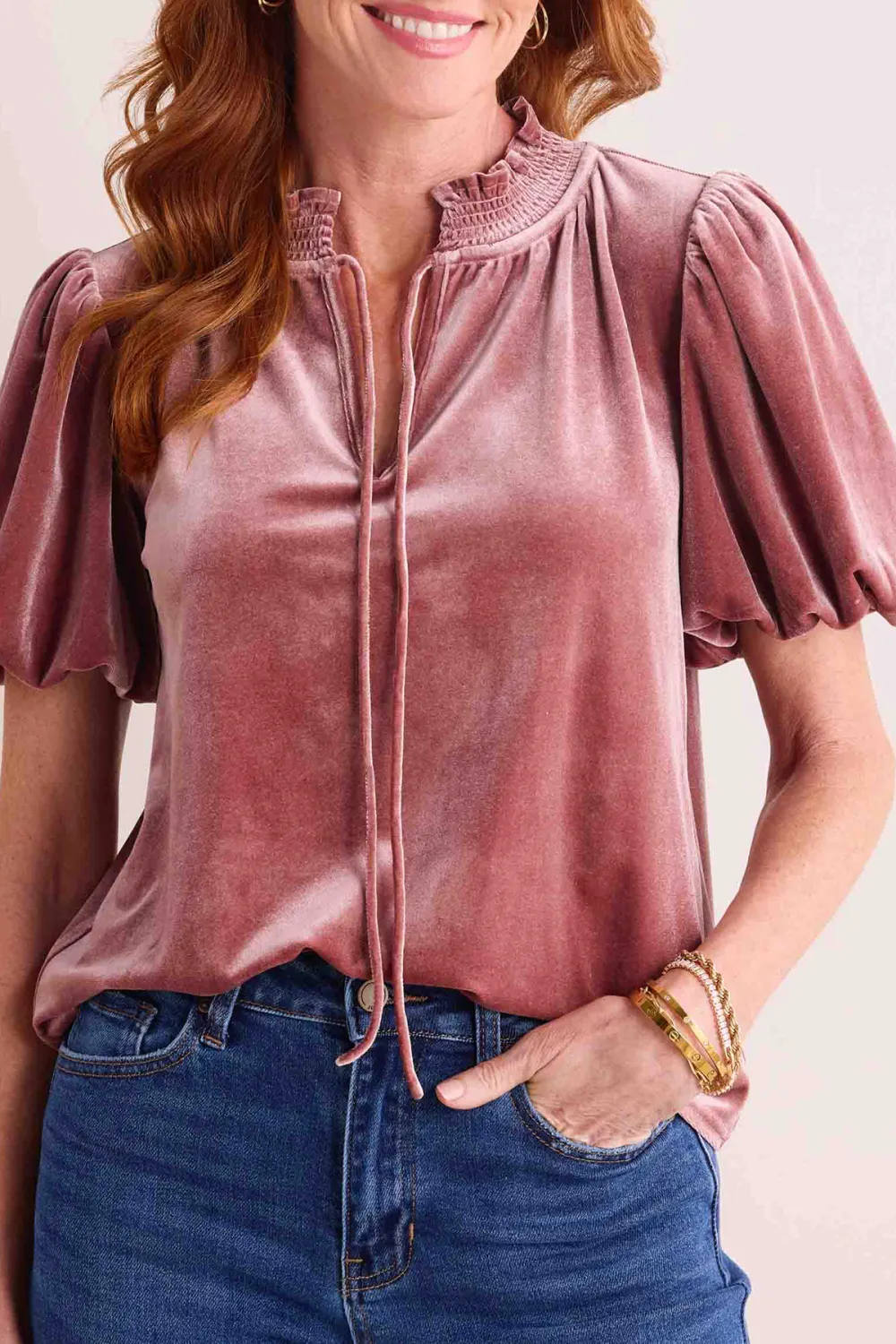 Pink Velvet Puff Sleeve Ruffled Neck Tie-Front Top