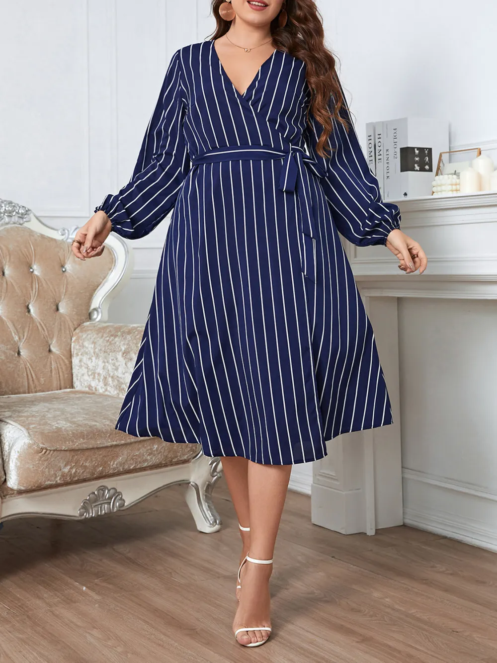 Commuter Stripe Loose V Neck Large Size Belt Women Dress