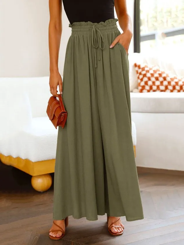 Plain Casual Wide Leg Shirred Waist Pant