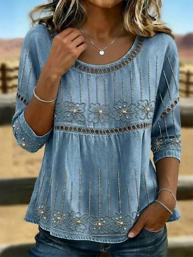 Women's Vintage Floral Art Print Casual Hollow Denim Shirt