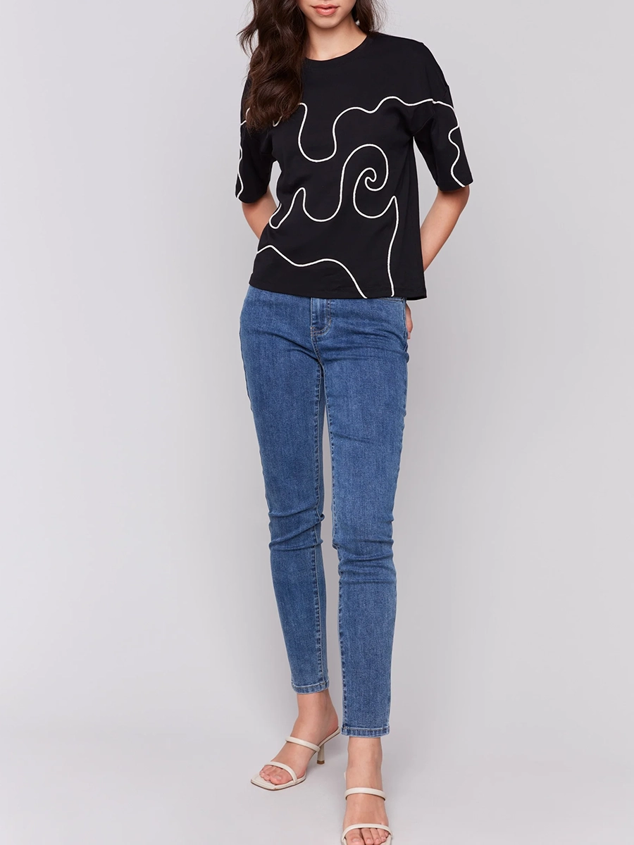 Fashion Abstract Line Drawing Cotton Short Sleeve