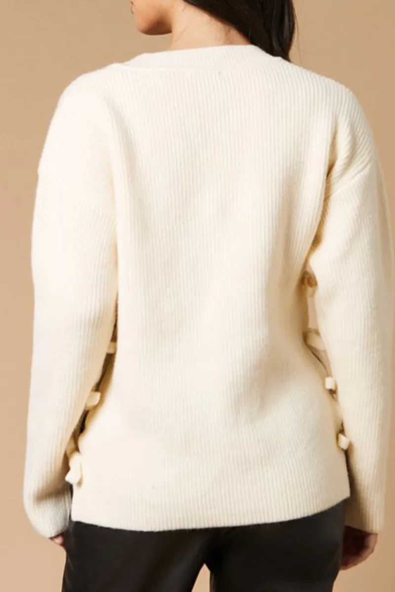 Casual Style Bow Side V Neck Sweaters