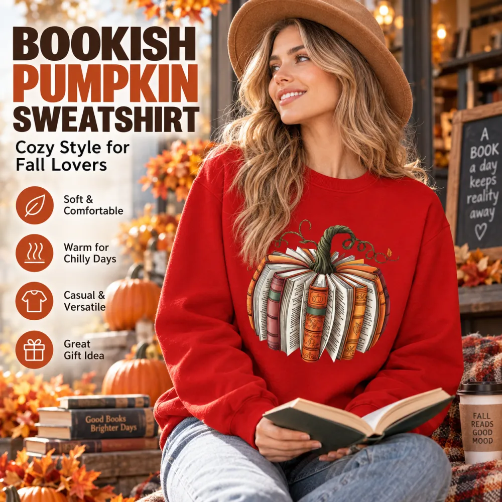 Fun Women's Pumpkin Book Round Neck Long Sleeve Sweatshirt