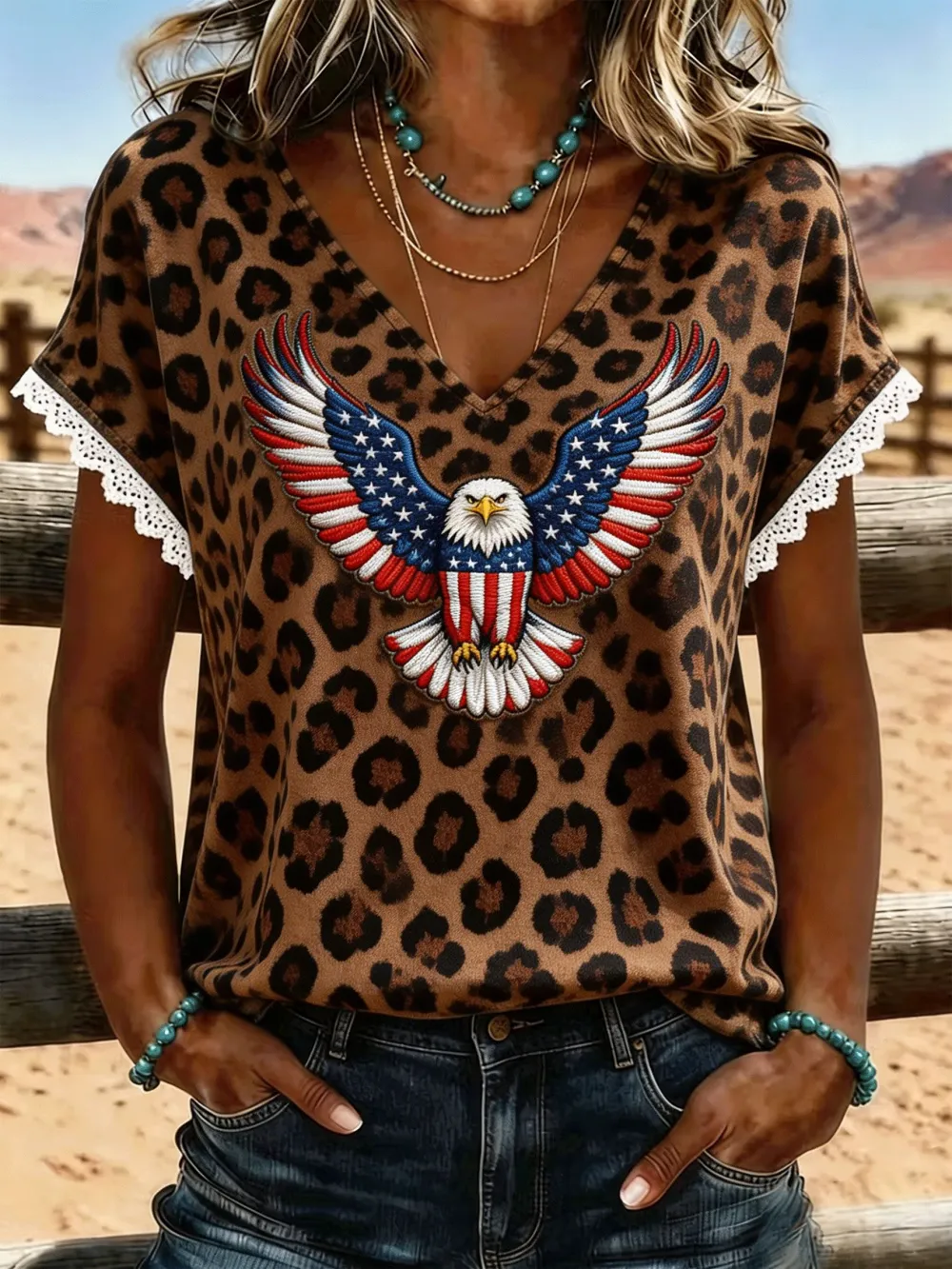 Women's Leopard Print American Eagle Embroidered Lace Trim Tee