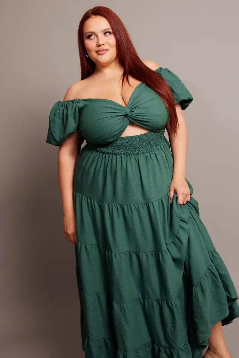 Green Maxi Dress Short Sleeve Twist Front