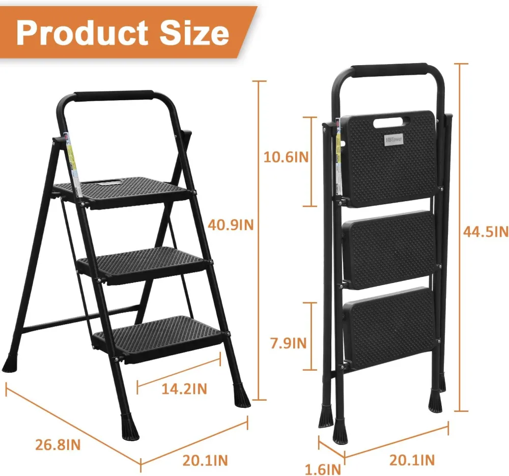 3 Step Ladder, Folding Step Stool with Wide Anti-Slip Pedal, 500lbs Sturdy Steel Ladder, Convenient Handgrip, Lightweight, Portable Steel Step Stool, Black