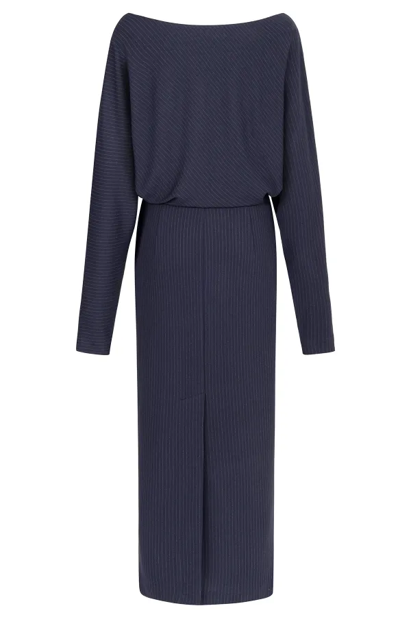 Crew Neck Midi Dress-Navy Blue