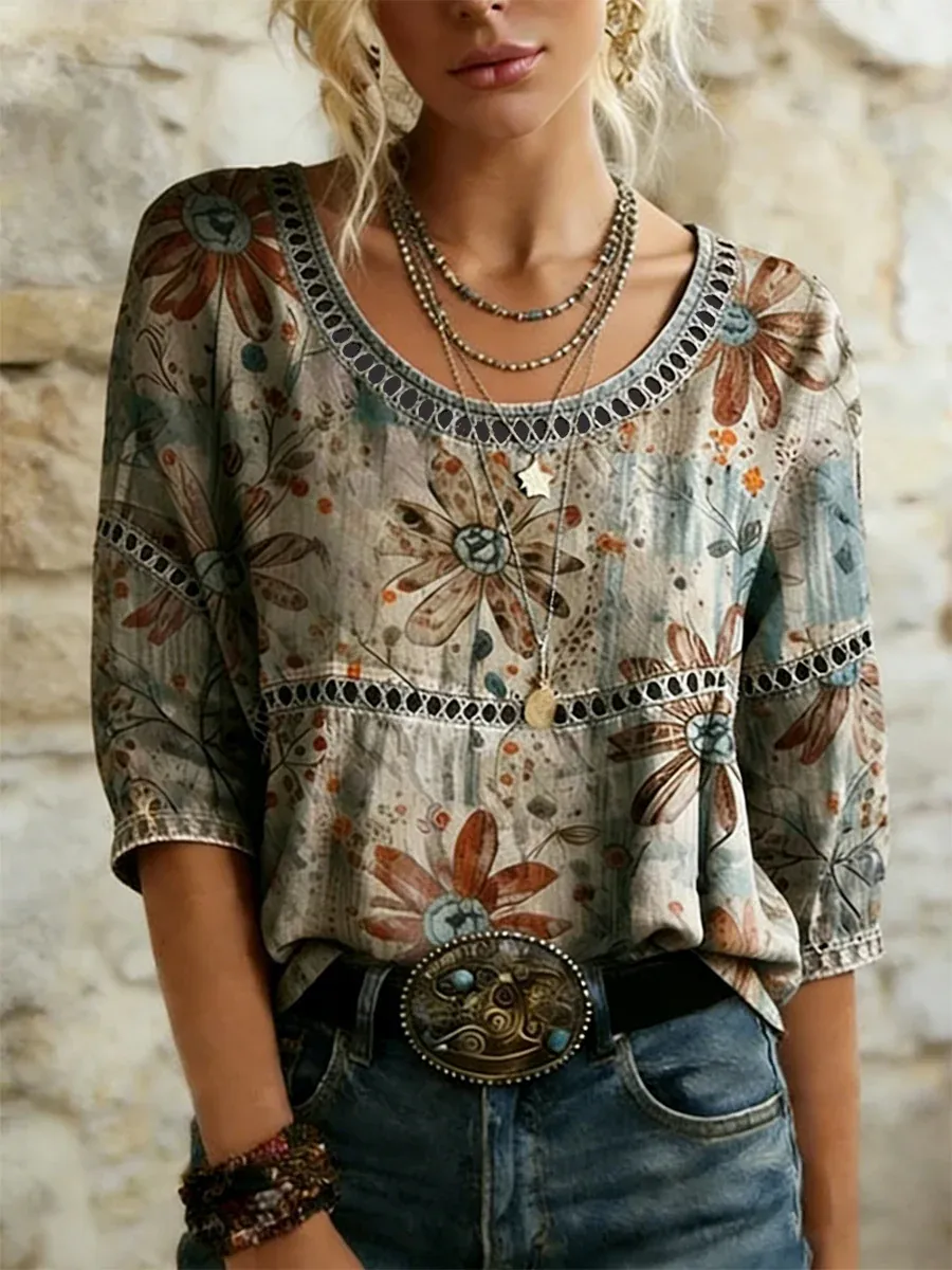 Women's Vintage Western Plants Flowers Print Casual Top