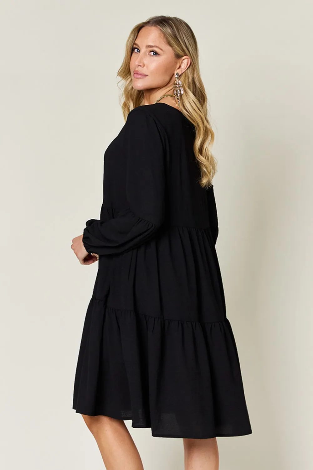 Double Take Full Size V-Neck Balloon Sleeve Tiered Dress with Pockets