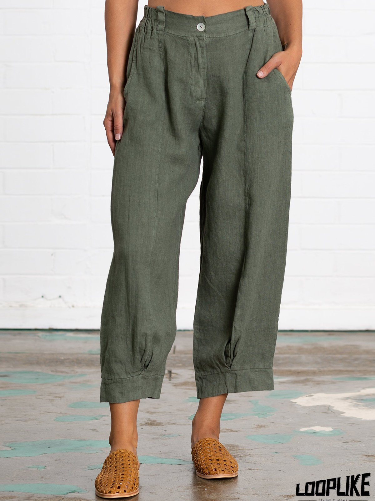 Linen Women Loose Capri Pants With Pockets