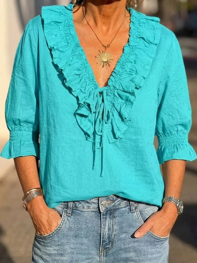 Retro Artistic Cotton Linen Shirt With Ruffled Neckline