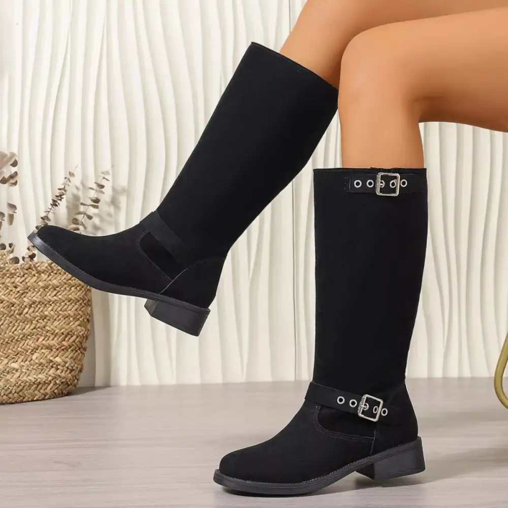 Textured Round Toe Block Heel Boots