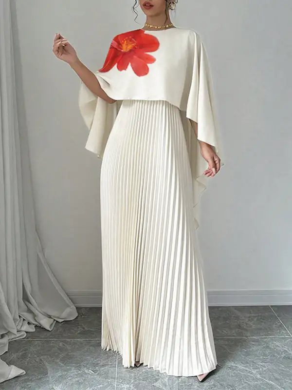 Pleated Floral Printed Neck Maxi Dress