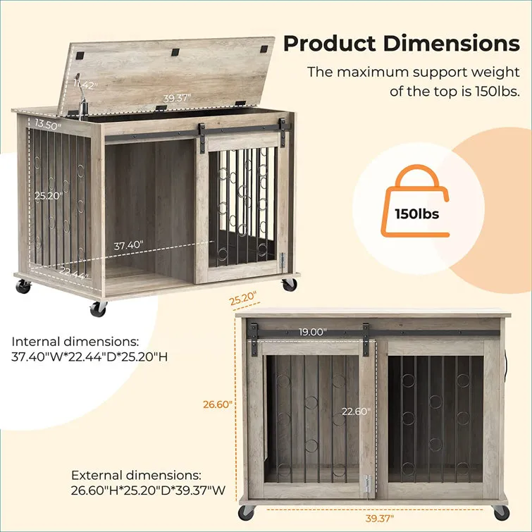 Dog Crate Furniture With Divider For 2 Small To Medium Pets, Wooden Cage End Table, Heavy Duty Indoor Puppy Kennel With Removable Divider And Sliding Door, 39.37'w*25.2'd*28.94'h