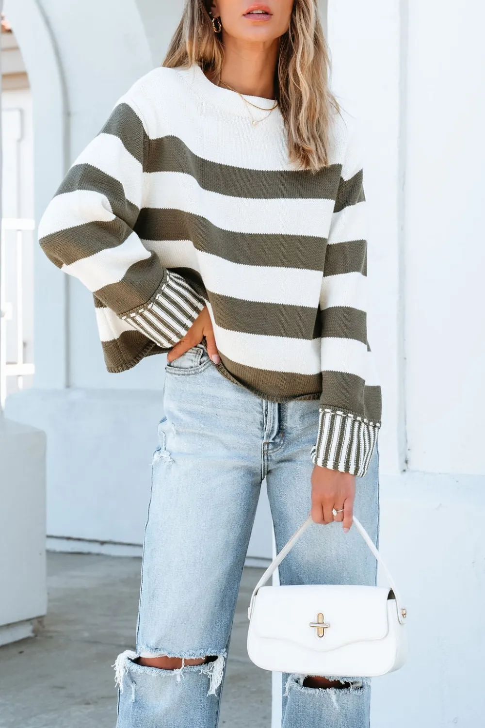 Cream and Olive Striped Pullover Sweater