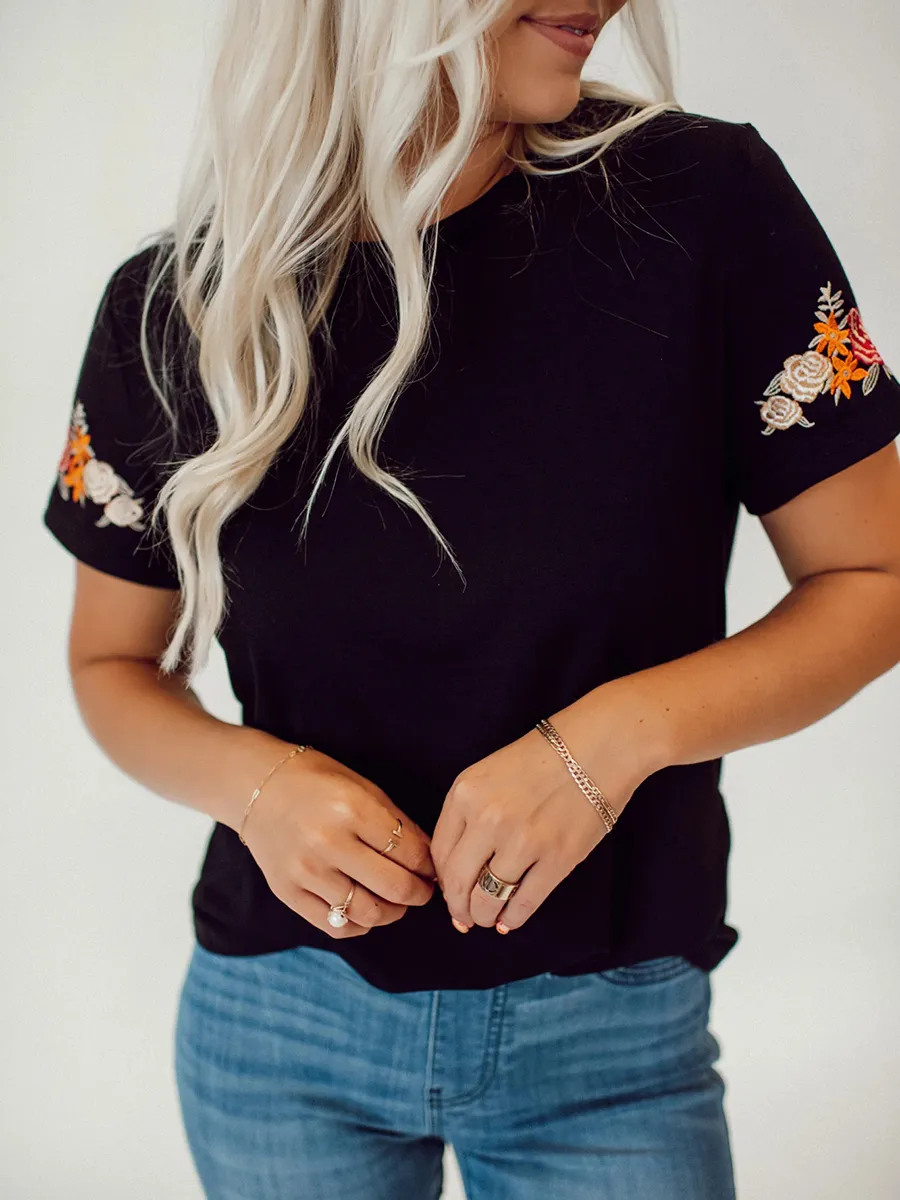 Rose embroidered black T-shirt