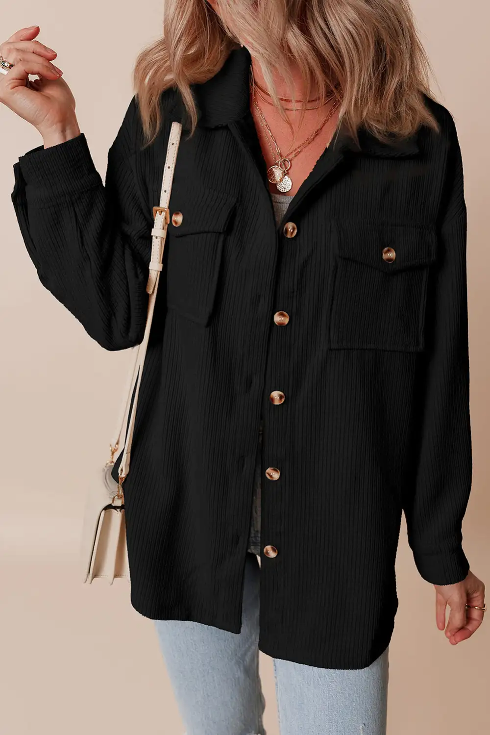 Corduroy Flap Pocket Button-Up Shirt Jacket Button