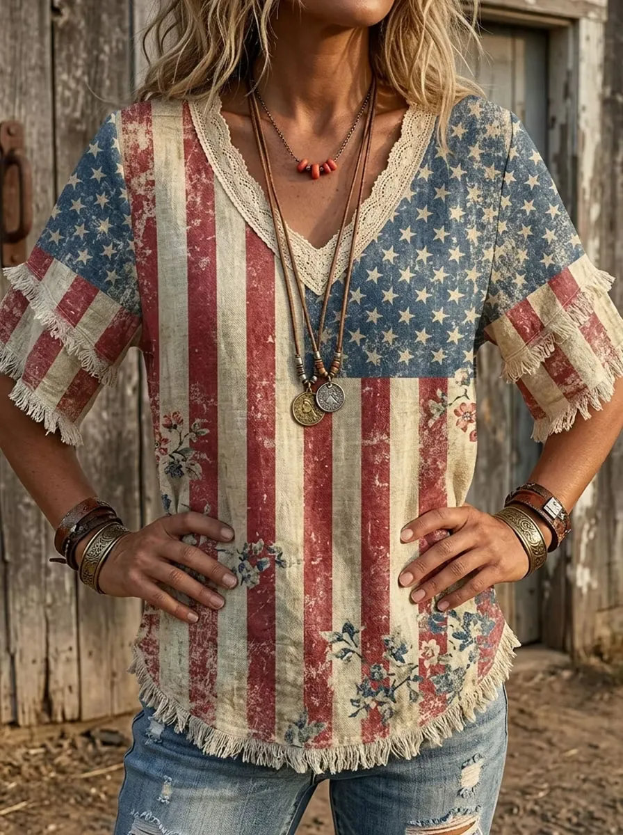 Vintage American Flag Art Print Patchwork Casual Shirt