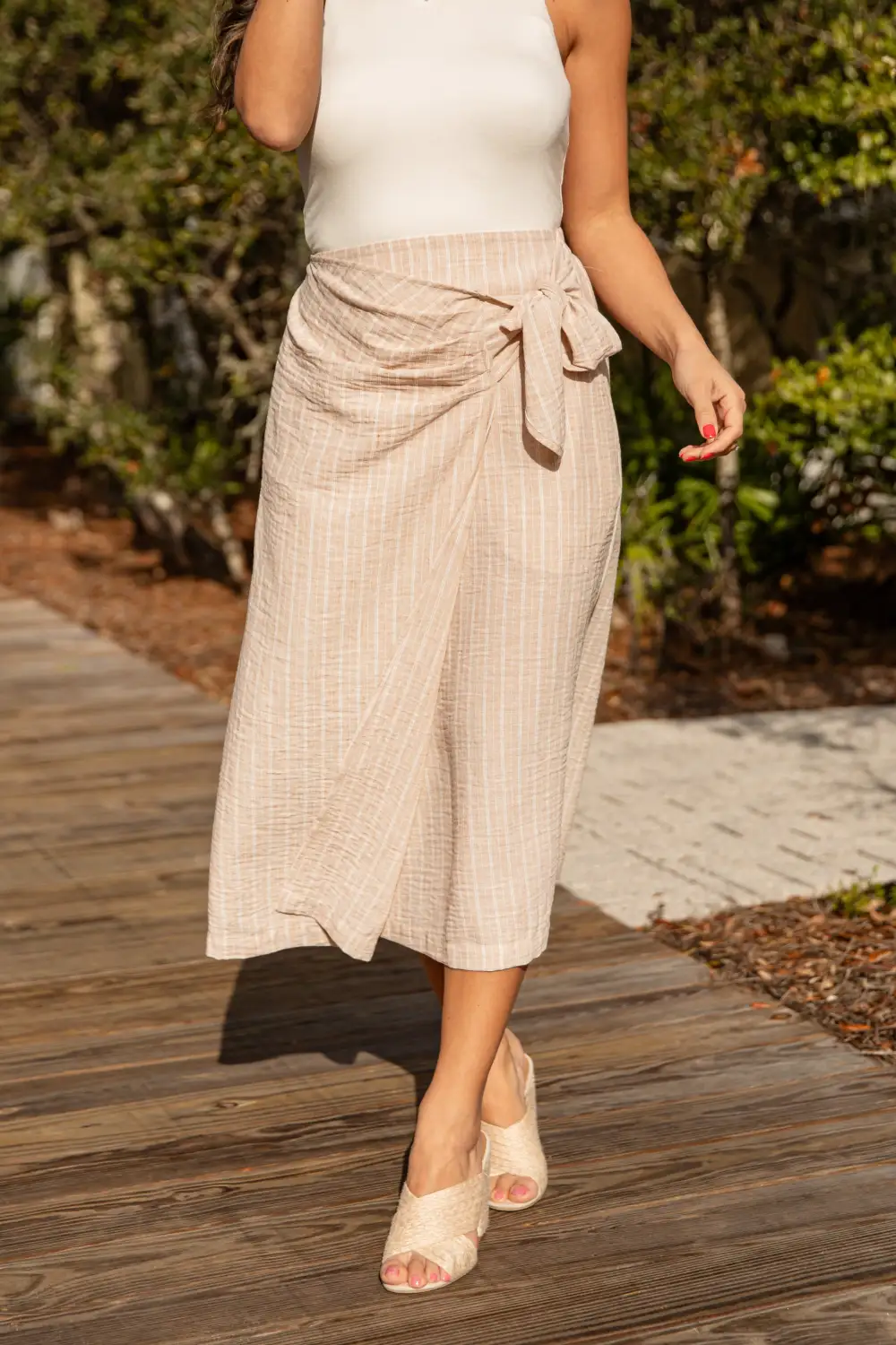 Elastic Waist Linen Blend Cotton Blend Midi Skirt