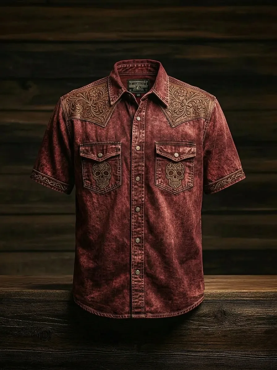 Men's Western Style Skull Floral Embroidered Printed Shirt
