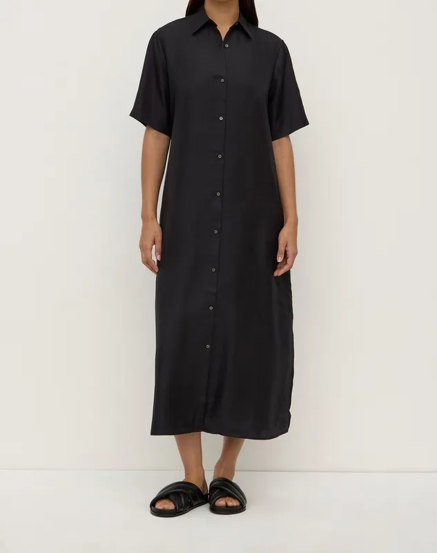Black Silk Maxi Shirt Dress