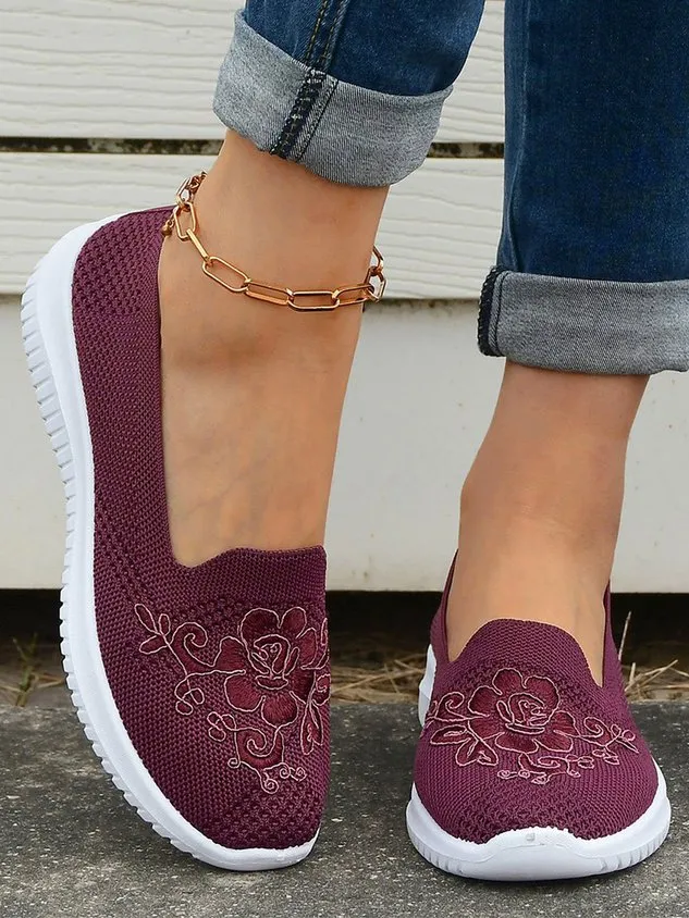 Sports Floral Breathable Slip On Flat Heel Fly Woven Shoes Embroidery