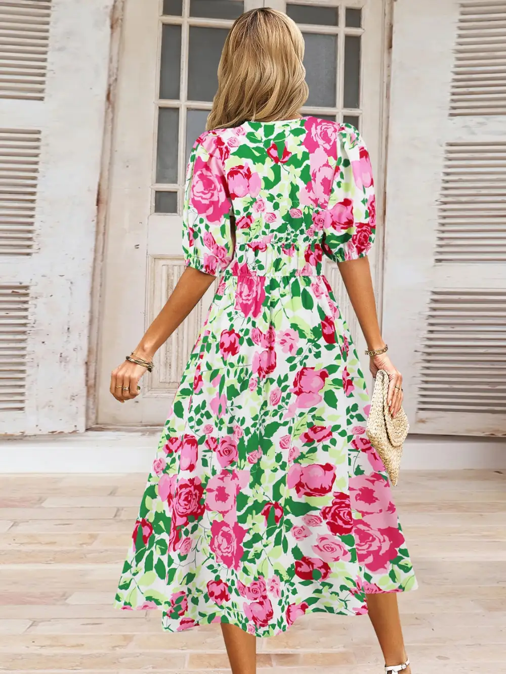 Boho Chic  Ruched Printed Surplice Short Sleeve Dress