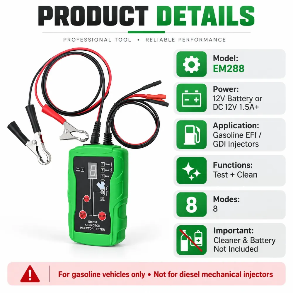 EM288 Fuel Injector Tester & Cleaner Kit – 8 Pulse Modes with Dual Injector Testing