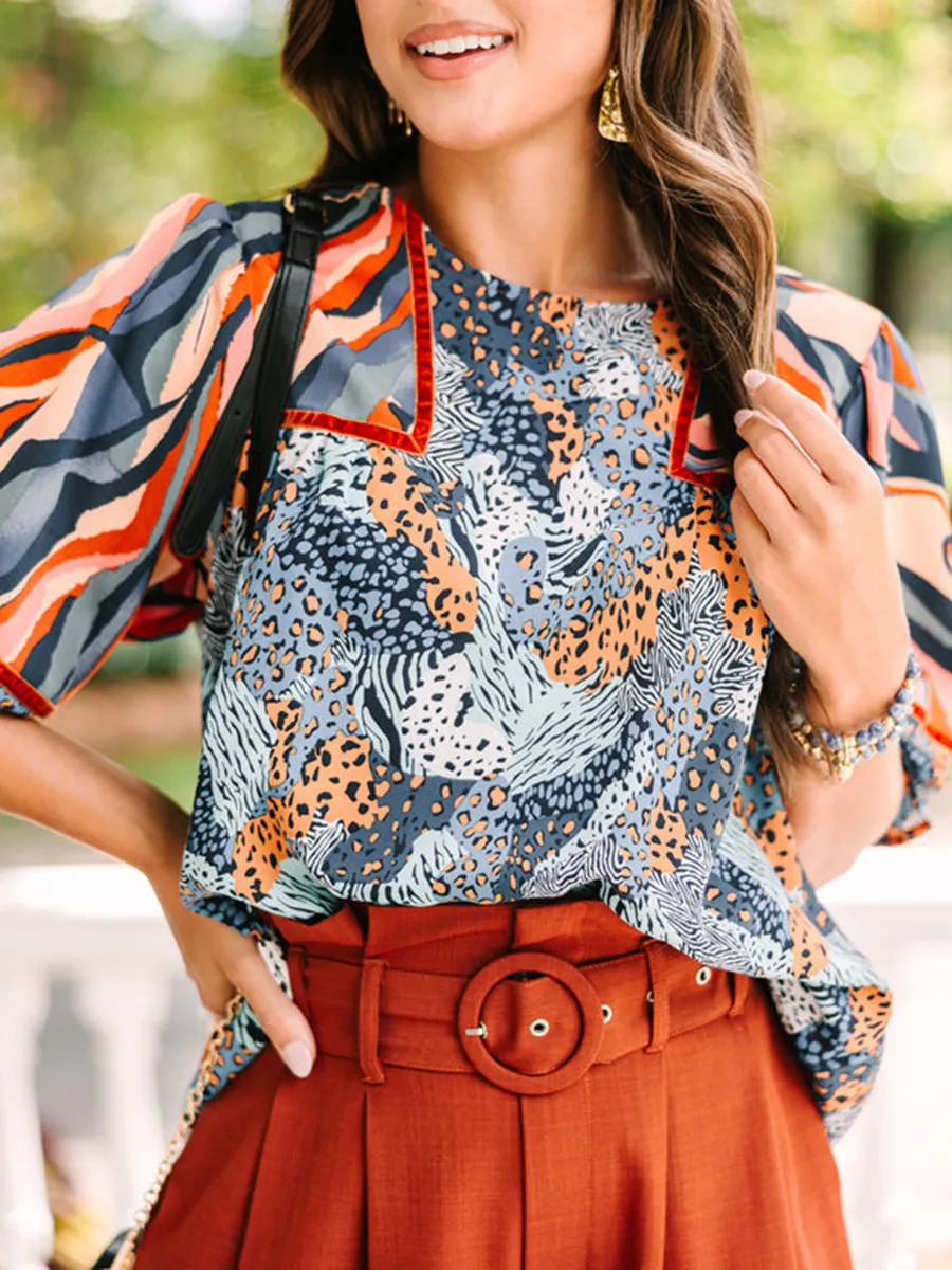 Blue mixed print quarter sleeve shirt