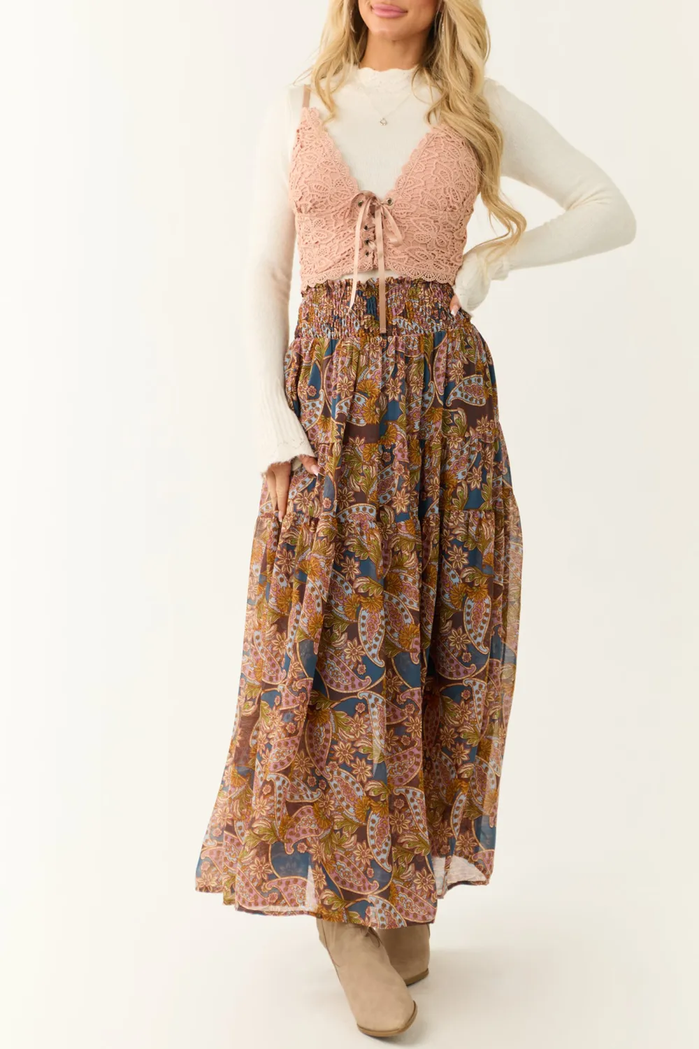 Steel Blue Abstract Floral Print Maxi Skirt