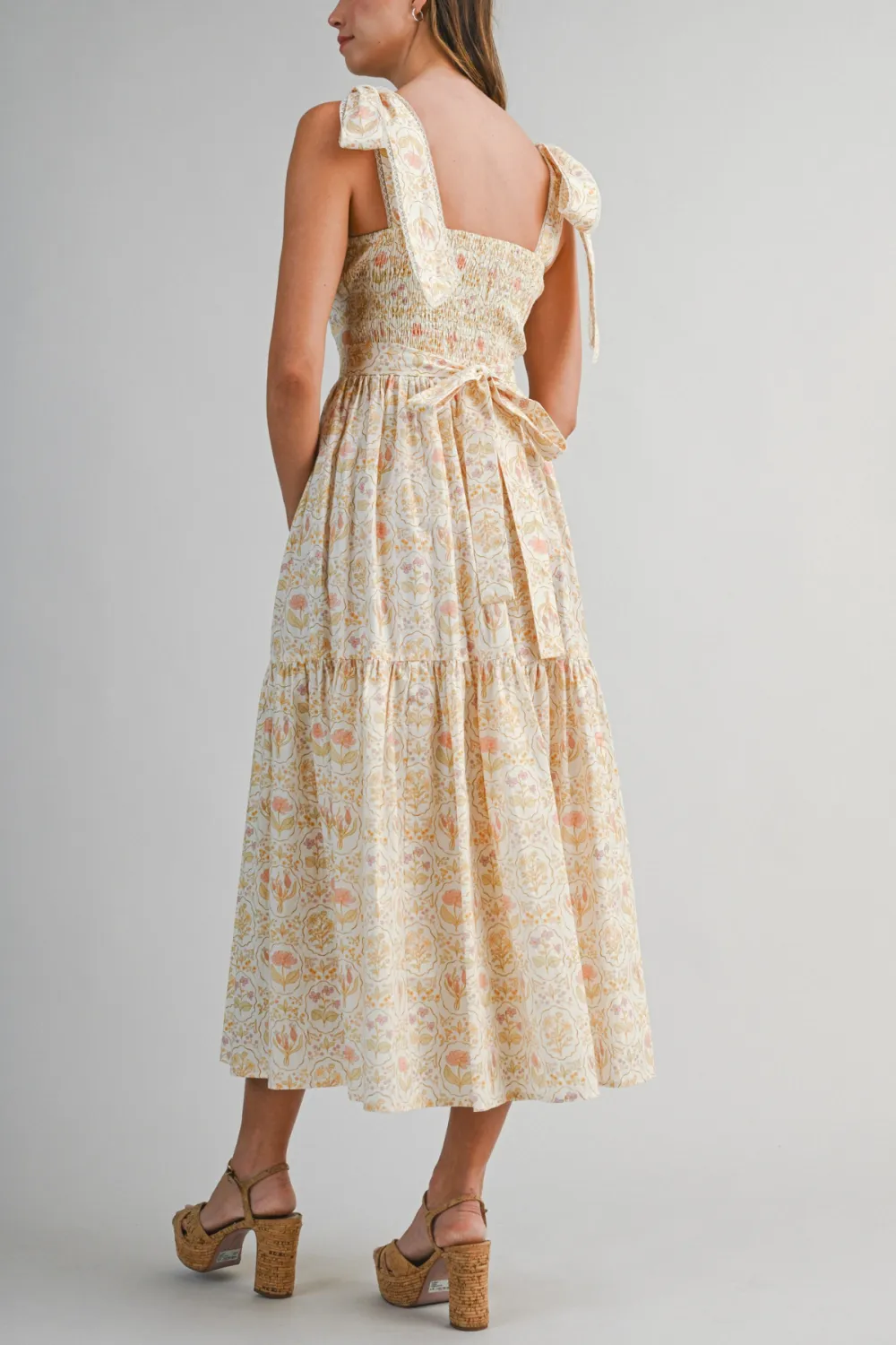 Tie Shoulder Tiered Lace Trim Midi Dress