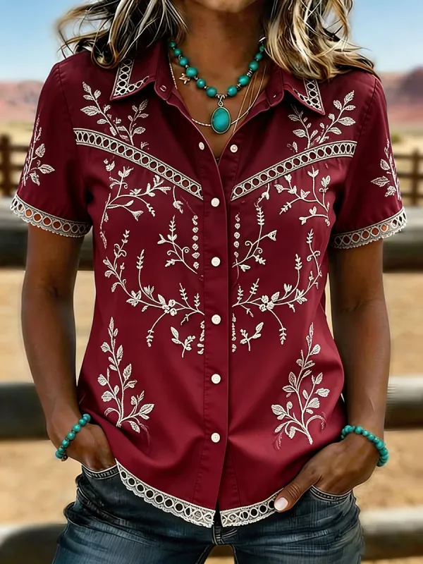 Women's Ombre Turquoise Floral Embroidered Western Button-Up Shirt