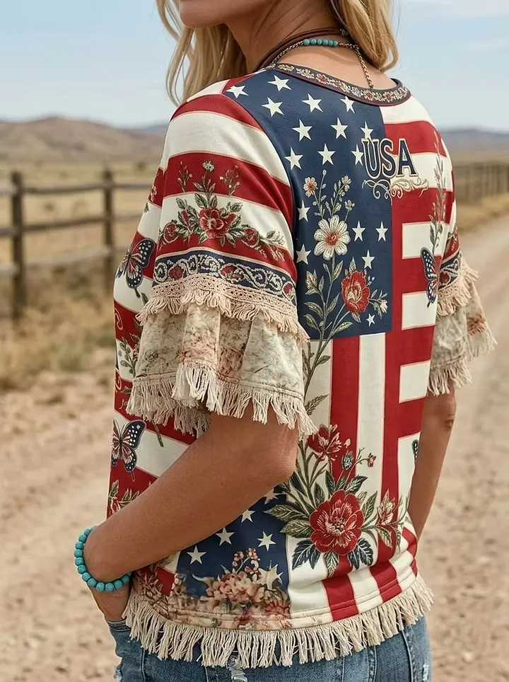 Vintage American Flag Art Print Patchwork Casual Shirt