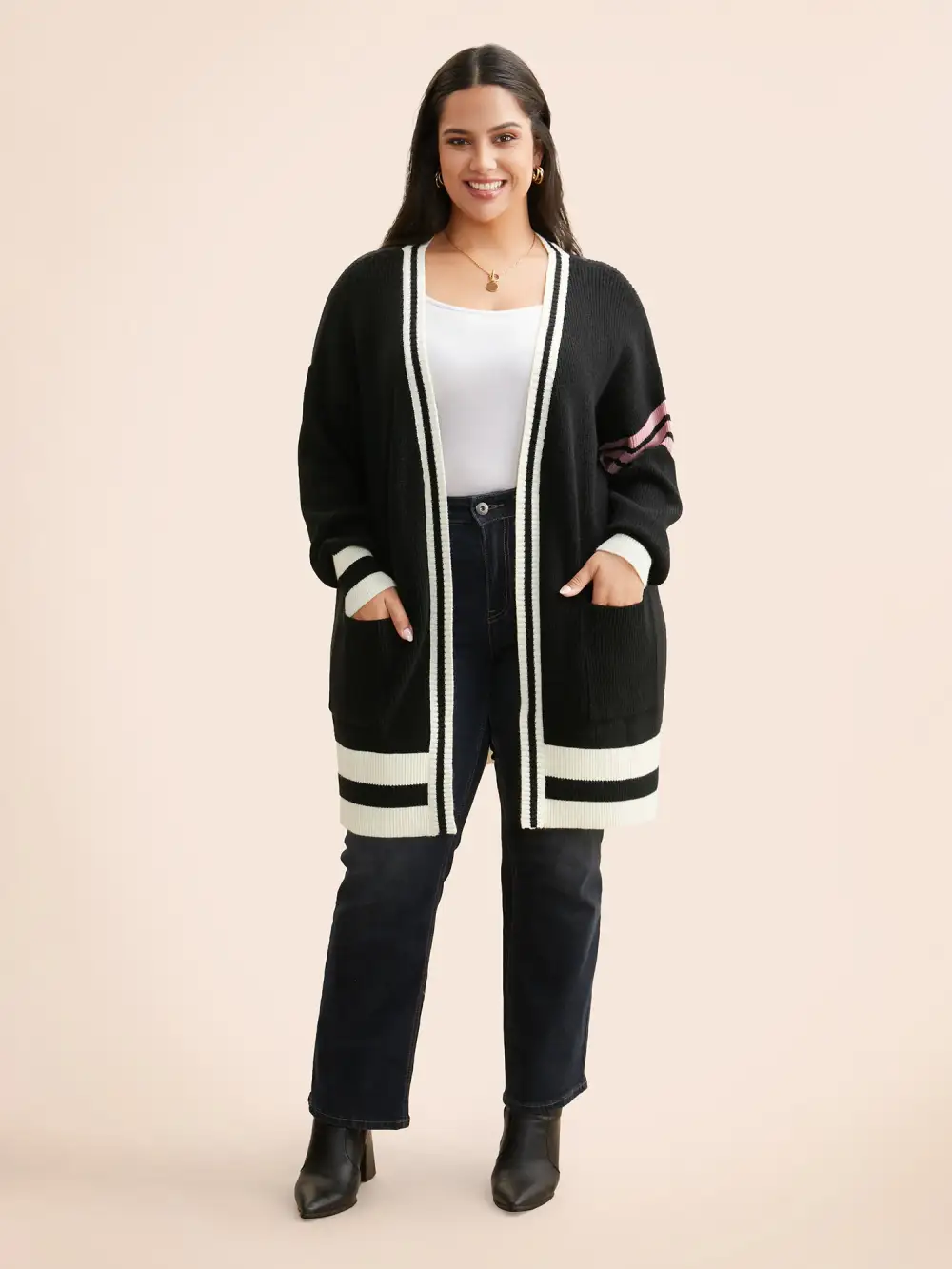 Contrast Striped Drop Shoulder Cardigan