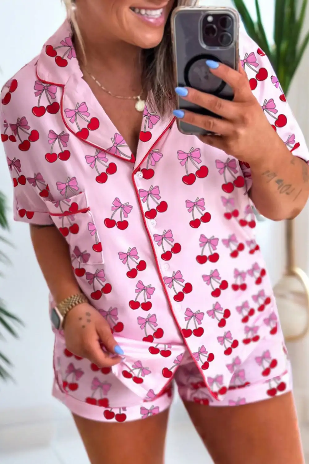 Bow Detail Cherry Pajama Set