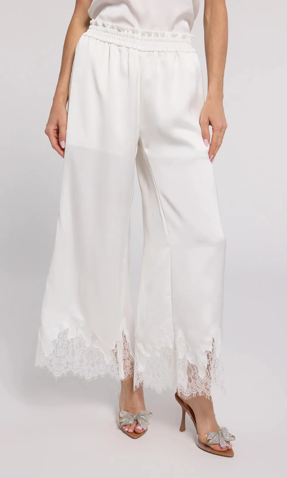 White Lace Panel Satin Pants