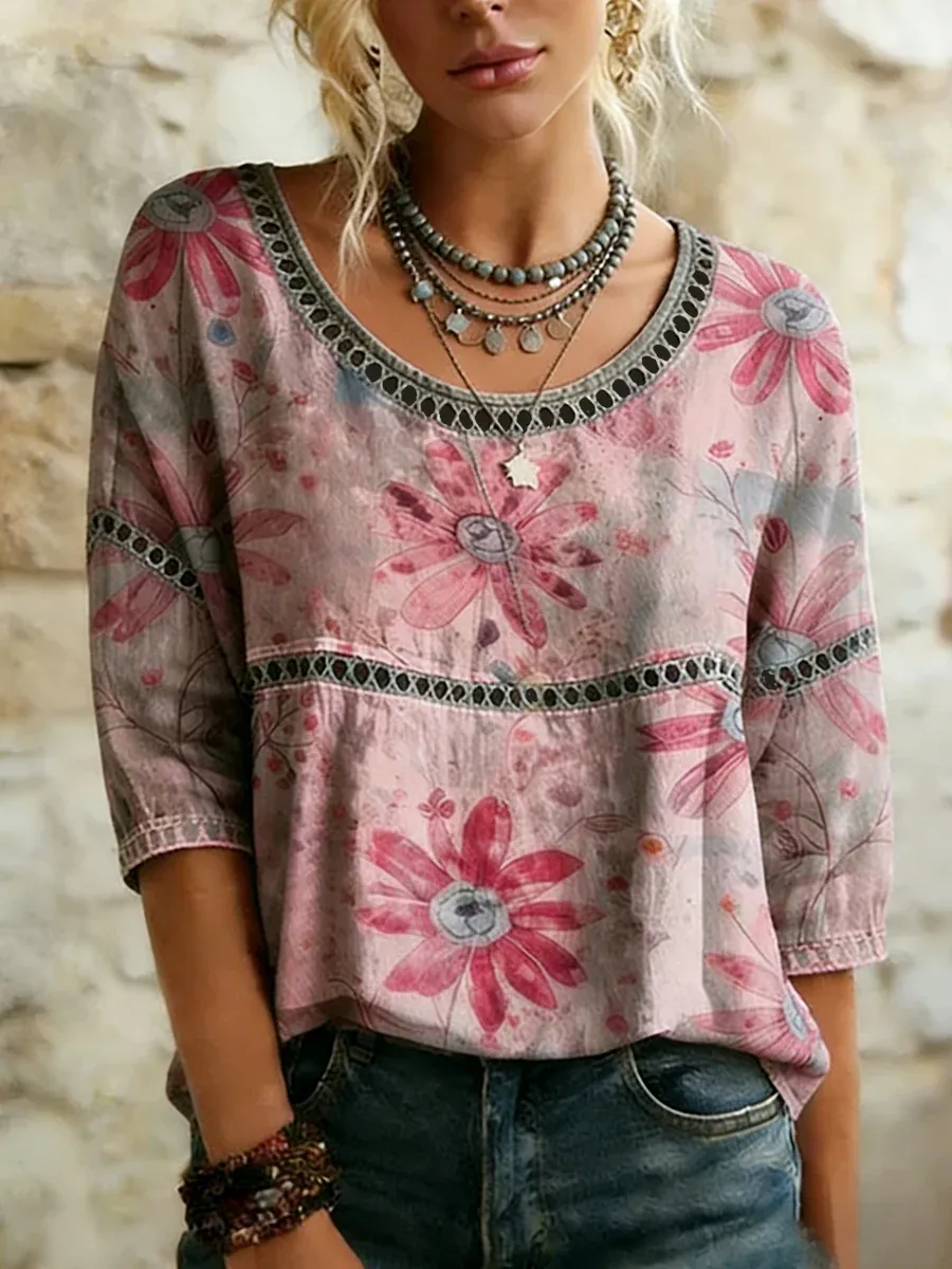 Women's Vintage Western Plants Flowers Print Casual Top