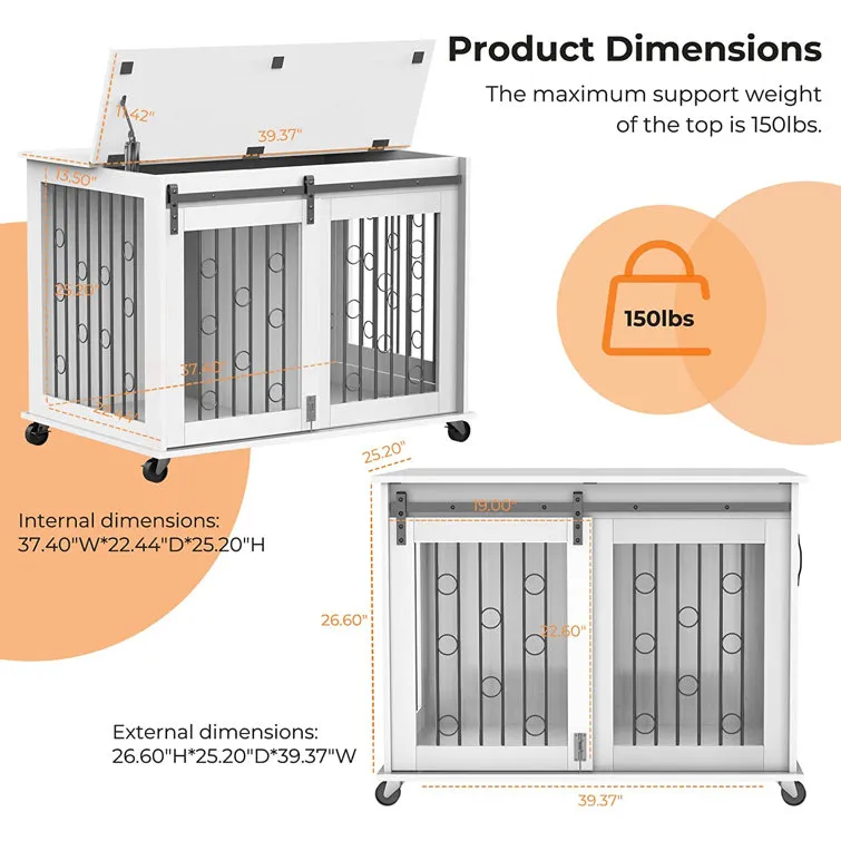 Dog Crate Furniture With Divider For 2 Small To Medium Pets, Wooden Cage End Table, Heavy Duty Indoor Puppy Kennel With Removable Divider And Sliding Door, 39.37'w*25.2'd*28.94'h