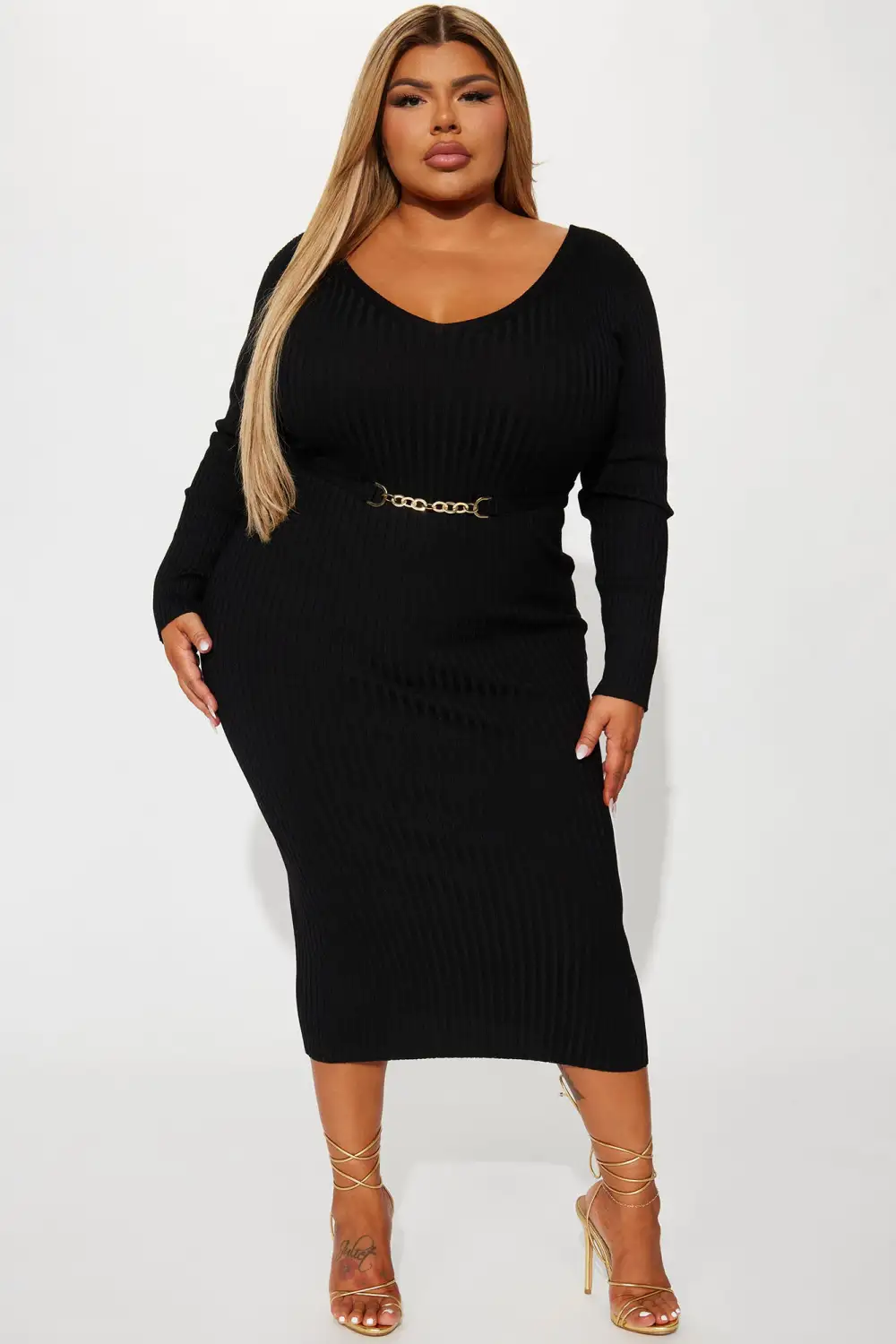 Rocking Baddie V- Neckline Midi Dress - Black